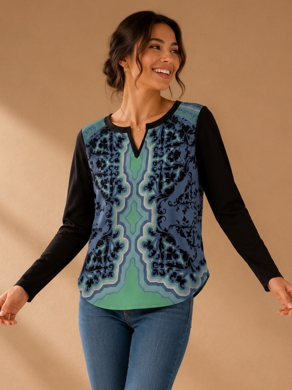 Hale Bob Black & Blue Baroque Print Long Sleeve Blouse Size Medium Designer Top